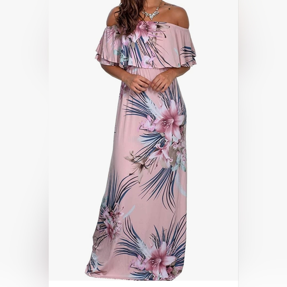 PLUS SIZE 3X Pink Floral Off the Shoulder Maxi Dress‎